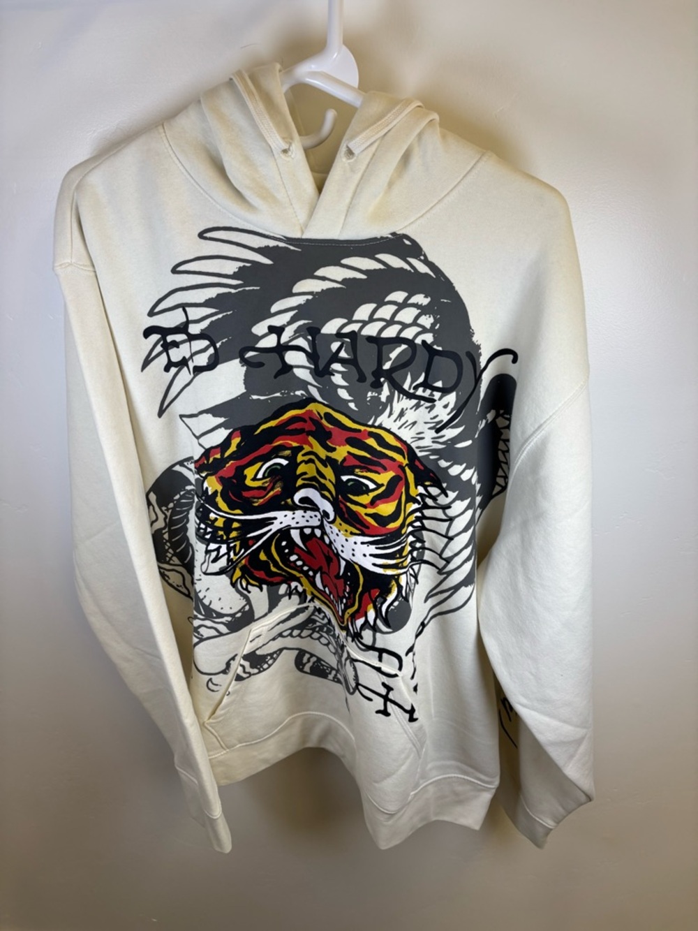 ED HARDY HOODIE STREETWEAR PULLOVER MEN X-LARGE  IVORY TIGER ED HARDY DESIGN